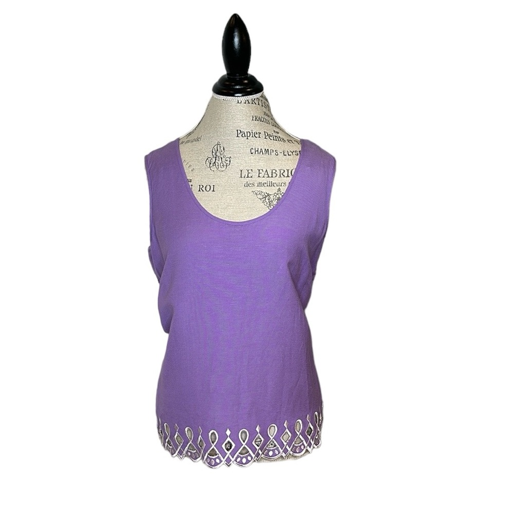 Bob Mackie wearable art linen purple top, embroidered detail on bottom of top